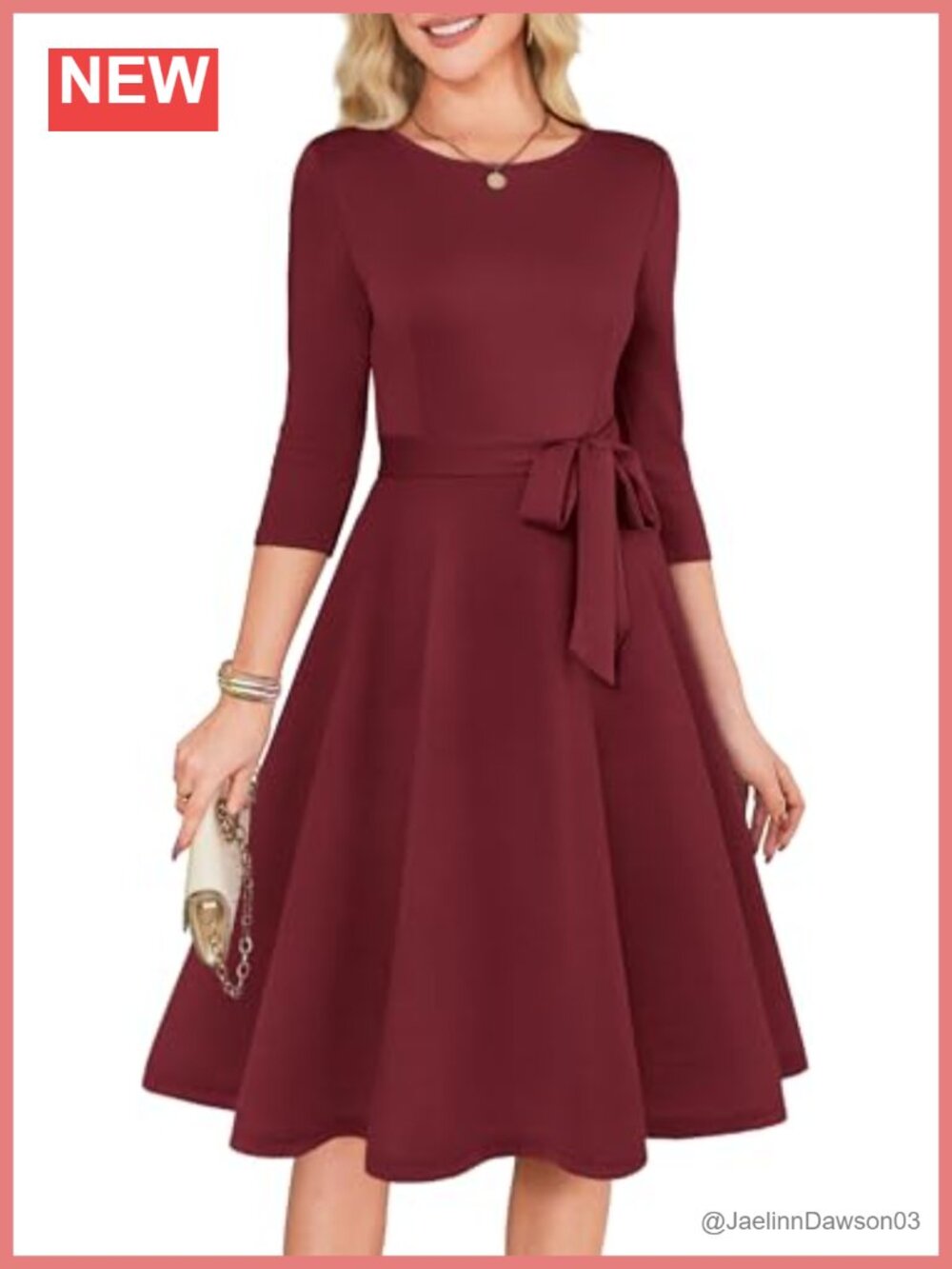 RUMIA Women's A-Line Cocktail Dress 3/4 Sleeve with Belt Formal Work